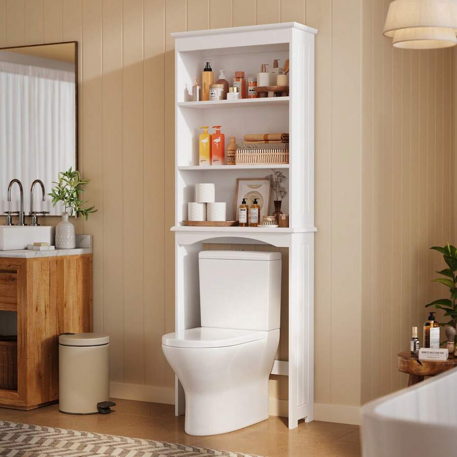 66"Over-The-Toilet Storage Cabinet With Adjustable Shelves, Freestanding Bathroom Organizer, Space-Saving Design For Bathroom Essentials, Open Shelf And Cabinet Combo - White - View 1