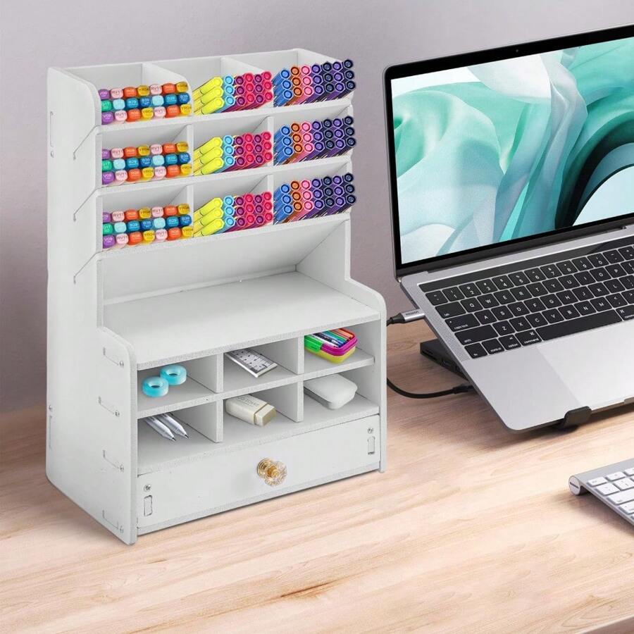 Multifunctional Desk Organizer With Drawer – Office, School & Home Supplies Storage - Apricot - View 1