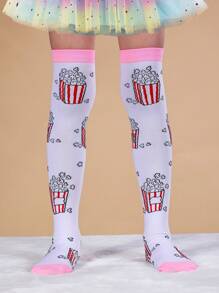 1 Pair Girls Knee High Socks With Popcorn Pattern, White, Cute & Fashion, Versatile For Party, Holiday, Festival, Casual, Sports, School Outfits, Spring New Arrival - White - View 7