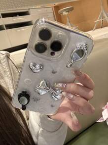 Cute 3D Makeup Mirror Bow Knot Epoxy Phone Case Compatible With IPhone 16 15 14 13 Pro Max Bling Soft Back Cover - Grey - View 2