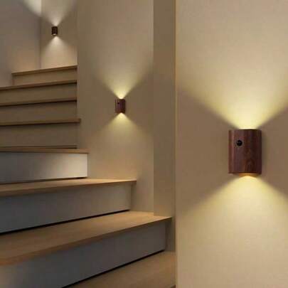 1个创意木纹感应灯，USB充电，LED磁吸式夜灯，墙面装饰氛围灯，适用于卧室、客厅、办公室、书房、游戏室、浴室、厨房、衣柜、橱柜、楼梯、家居装饰，优质产品