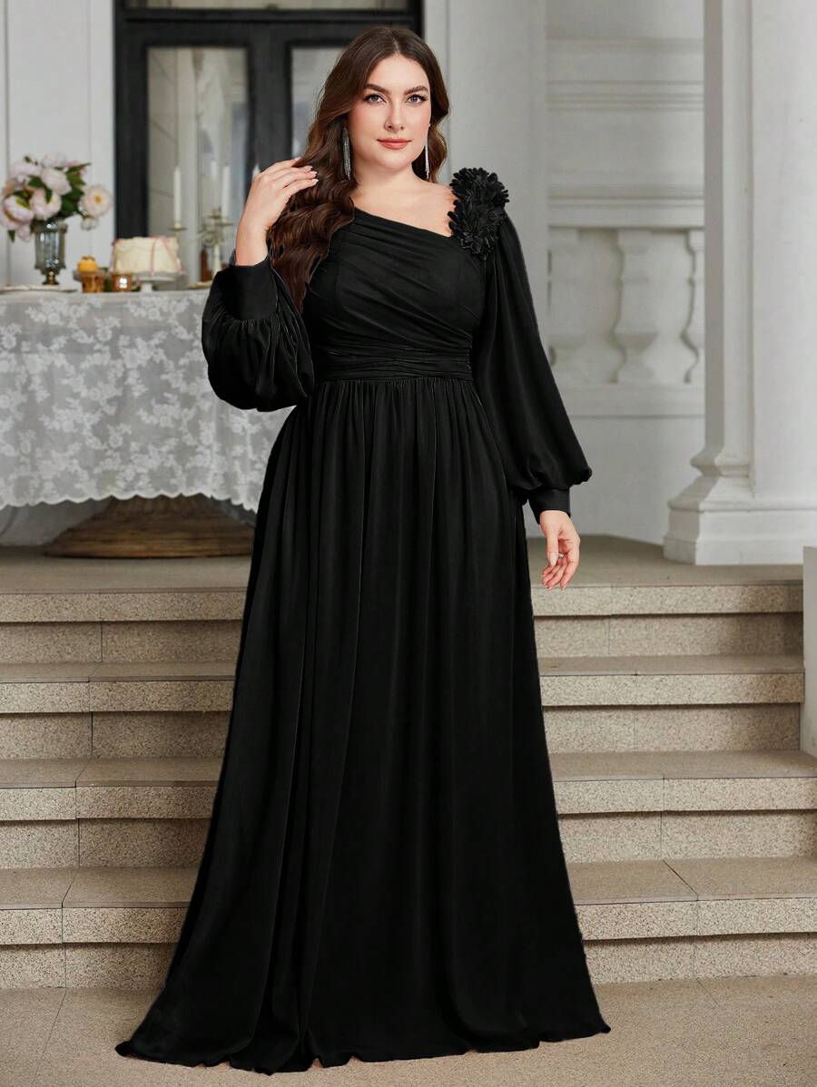 SUPGIR Elegantes, einfarbiges Chiffonkleid Große Größen, asymmetrischer Schulterausschnitt, dreidimensionales Blumendekor, Brautjungfernkleid, Partykleid, Abendkleid, Hochzeitsgast