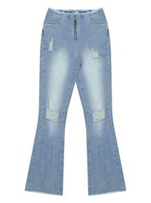 NVFelix Nuevos jeans de mujer para otoño, versátiles, con efecto desgastado, de talle bajo, con bolsillos, acampanados y de corte slim, para volver al colegio, color azul claro