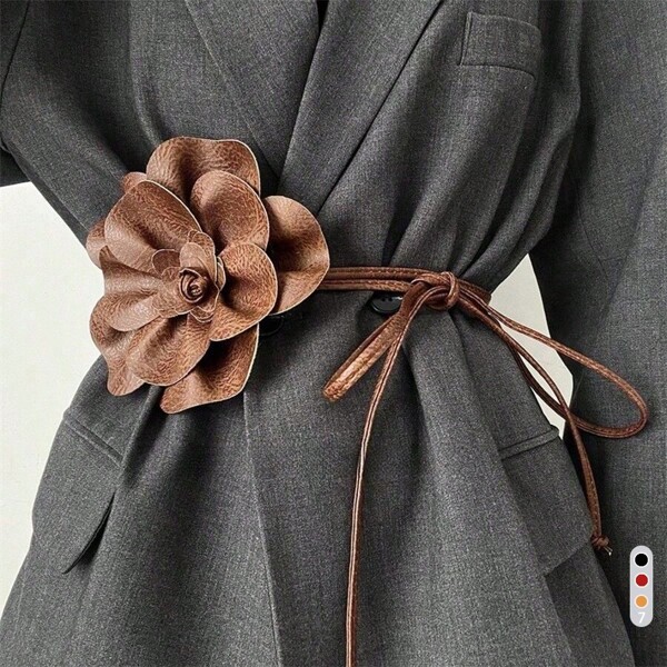 Cinto de couro sintético estilo boêmio com camélia, 1 peça, adequado para vestidos femininos, ternos, corda com nó na cintura - acessório versátil, presente de dia das mães, aplicável para uso casual, praia, encontro noturno, casamento, festa, faculdade, deslocamento de verão, escola
