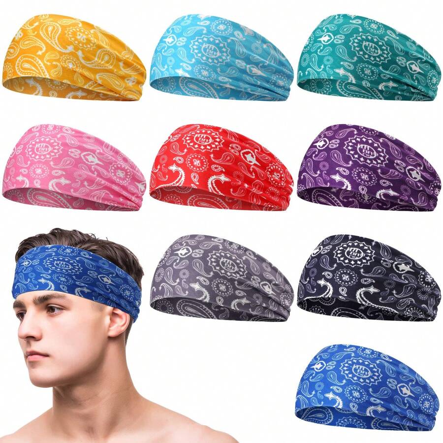 9 Pcs Sweatbands For Men Workout Sport Headbands For Men Camo Headband Sweat Absorbing Headband Wide Sweatband For Head Basketball Football Cycling Running Yoga, 4.7 X 9.8 Inch - 彩色 - 查看 1