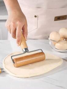 1pc Wooden Rolling Pin, Stainless Steel T-Shaped Dough Roller, Single-Handed Effort-Saving Pastry Rolling Pin For Dumpling Wrappers, Baozi Skin, Kitchen Baking Tool