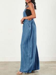 Denim Back Strap Wide Leg Jumpsuit Women Loose High Waist Draped Straight Jumpsuit - Medium Wash - View 4