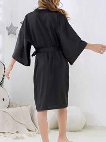 Girls' Comfy Soft V-Neck 3/4 Sleeve Solid Color Belted Knee-Length Sleepwear Robe, Loungewear - Black - View 2