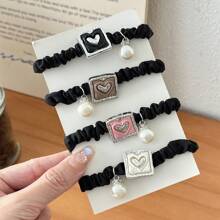 4pcs/8pcs Set New Elegant Pearl Heart Shaped Scrunchies, Versatile Sweet Stretchy Hair Ties, Polyester Fiber, Suitable For All Seasons - Multicolor - View 2