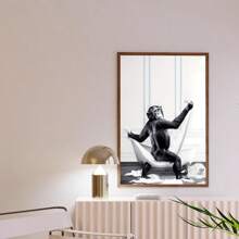 1pc, Canvas Hanging, Framed Decorative Painting, Poster, Wall Art, Monkey Taking Bath Canvas Art Print, Wall Hanging Decoration, Animal Themed Canvas Ink Artwork For Home Office, Bathroom, Living Room - Decorative Art, Modern Vintage Style, Black And White Cartoon Chimpanzee Poster Gifts Birthday Graduation
