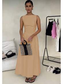 Women Sleeveless Round Neck High Waist Slim Backless Zipper A-Line Maxi Dress - 米色 - 查看 3