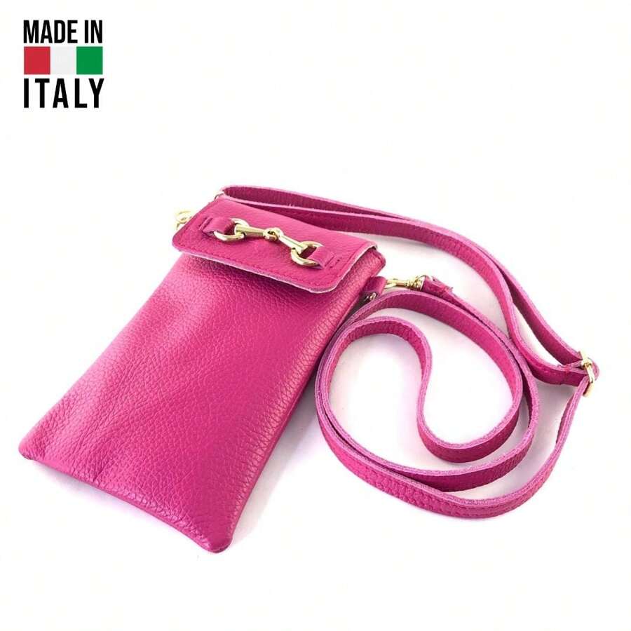 Luxury Dollaro Leather Crossbody Phone Bag – Made In Italy, Real Calf Leather - Hot Pink - View 1