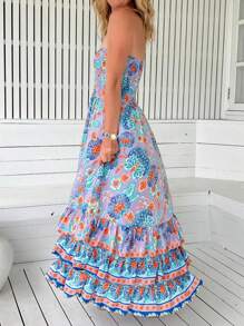 无袖紫色花卉印花分层荷叶边下摆口袋波西米亚风连衣裙，夏季 - 紫丁香色 - 查看 5