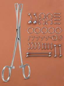 1pc Body Piercing Kit Forcep Clamp Tool And 34pcs Nose Lip Eyebrow Tongue Piercing Jewelry Set - Steel - View 8