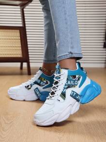 Women's Comfortable High-Top Casual Sports Shoes, Outdoor Running Thick-Sole Basketball Sneakers - Blue and White - View 5