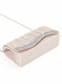 1pc Diamond Rhinestone Mini Glitter Pleated Chain Handbag, Shiny Party Evening Clutch For Wedding - Champagne - View 5