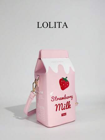 Bolso bandolera con forma de cartón de leche y estampado de vaca, con correa desmontable y cierre con cremallera, bolso bandolera casual para ir y venir, adecuado para viajes y uso diario, bolso cuadrado con estampado de fresa