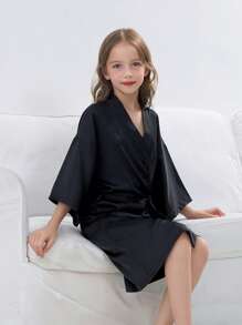 Girls' Comfy Soft V-Neck 3/4 Sleeve Solid Color Belted Knee-Length Sleepwear Robe, Loungewear - Black - View 5