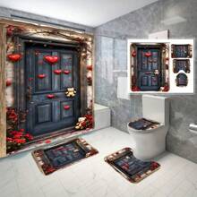 4pcs Shower Curtain Non-Slip Carpet Set, Wedding Date Floral Elements, Toilet Lid, Bath Mat - Includes 12 Plastic Hooks - Waterproof Polyester Fabric, Quick Drying, Non-Slip, Ring Top, Machine Washable Home Decor, Shower Decor Accessories,