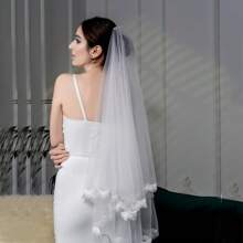 1 件优雅蕾丝边双层新娘面纱带梳子、婚礼摄影配件、面罩 - 彩色 - 查看 4