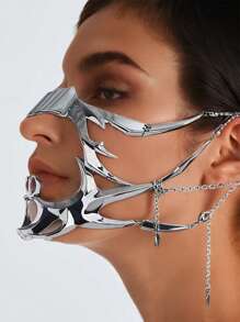 2 piezas Máscara de media cara estilo ciberpunk gótico, máscara punk para juego de roles, decoración de fiestas, joyería asimétrica de metal unisex, cadena de cara de acero líquido plateado para mujeres y hombres en Halloween