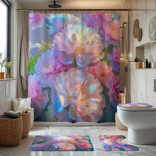 1/4pcs Colorful Peony Flower Print Bathroom Set, Includes Shower Curtain, Bath Mat, U-Shape Toilet Lid Cover, Water-Proof, Fashionable Decorative Curtain For Bathroom, Modern Style, No Drilling Required, Machine Washable Home Bathroom Decor Summer Bathroom Accessories Back To School