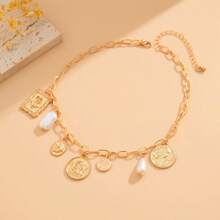 1 件复古多元素设计金属几何方形和圆形吊坠流苏项链，女士时尚巴洛克仿珍珠太阳爱眼吊坠颈链