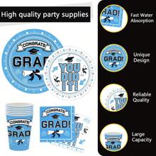 毕业桌毕业派对用品毕业装饰2025 届纸质毕业餐具套件（包括盘子、餐巾、杯子、桌布和悬挂式 2025 毕业派对装饰） - 淺藍色 - 查看 2