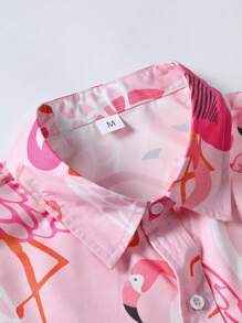 火烈鸟印花短袖衬衫和短裤休闲两件套，夏季