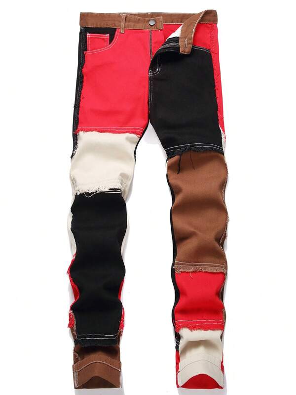 Pantalones vaqueros de corte ajustado con parches de colores múltiples para hombres