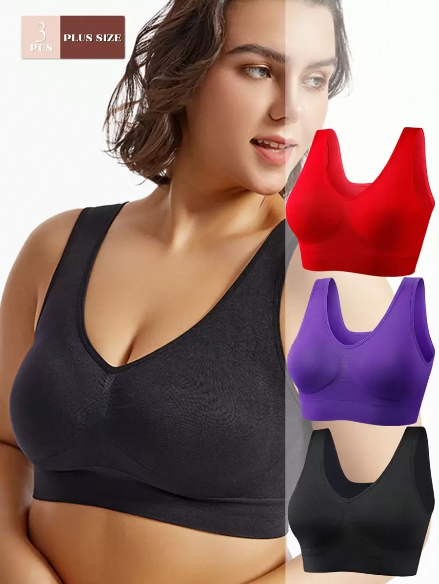 Bộ 3 áo ngực thể thao cỡ lớn dành cho nữ, màu trơn, không đường may, không đệm, đa chức năng. - Nhiều màu - Xem 1