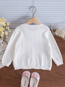 Baby Girls Knitted Thin Openwork Cardigan, Solid Color - White - View 5