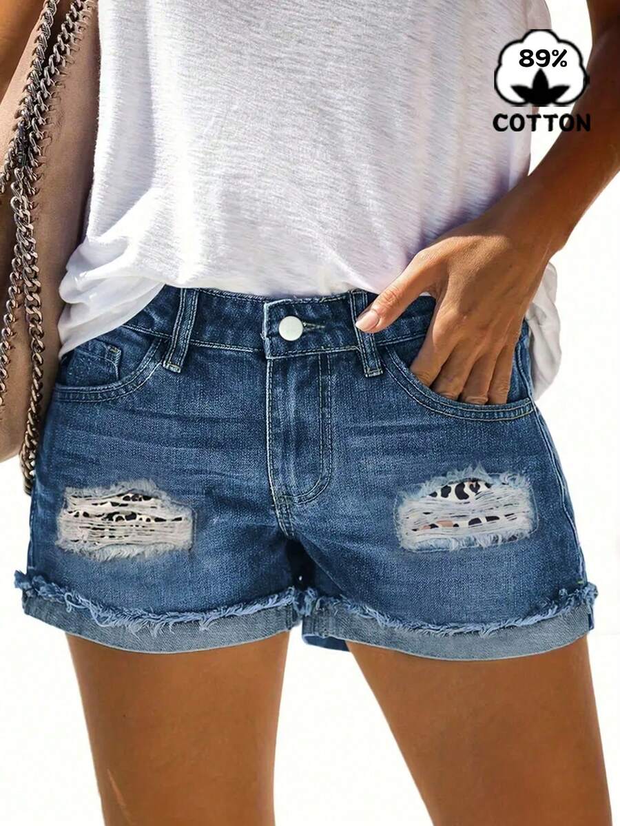 Women's Fashion Print Applique Washed Denim Shorts Casual Summer - Blue - View 1