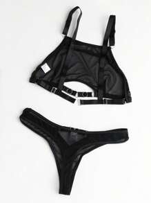 Lencería sexy para mujer, conjunto de 2 piezas de sujetador con embellecimiento de círculo en el cuello, de corte hueco, apta para uso en clubes nocturnos y espectáculos
