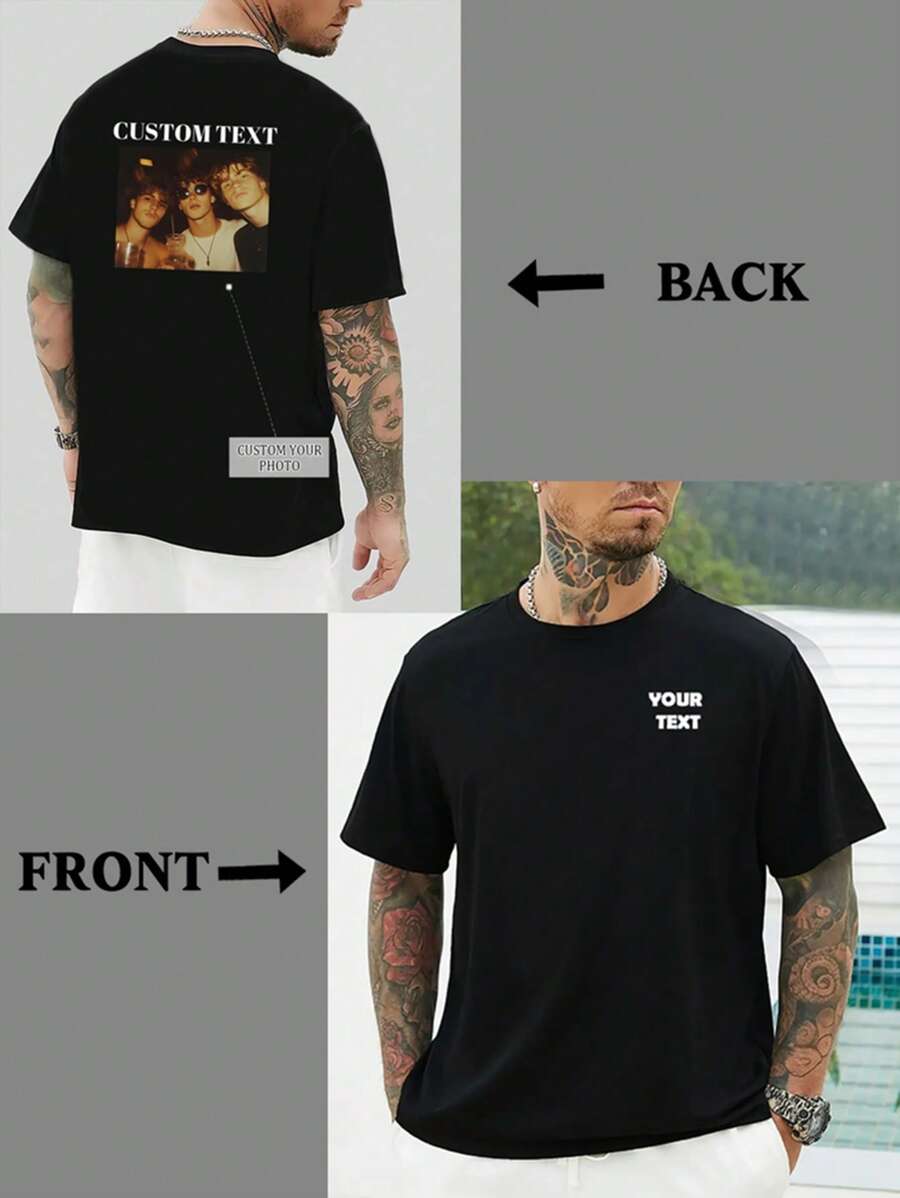 [Double-Sided Customization Printed T-Shirt] Personalized Double-Sided Design Customized T-Shirt With Customized Pattern Printing, Round Neck Short Sleeve Men's T-Shirt - Black - View 1