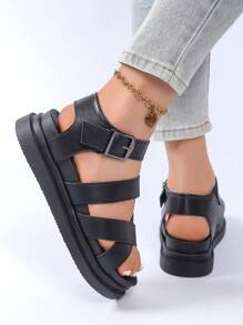 Women's Solid Color Platform Wedge Sandals, Casual Buckle Summer Sandals, Comfortable Open Toe Sandals, Women's Roman Flat Sandals, Solid Color Open Toe Criss-Cross Strappy Non-Slip Shoes - Black - View 6