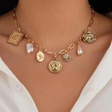 1 件复古多元素设计金属几何方形和圆形吊坠流苏项链，女士时尚巴洛克仿珍珠太阳爱眼吊坠颈链