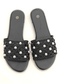 Women's Pearl-Embellished Slip-On Sandals - Black - View 3