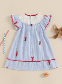 Baby Girls Striped Embroidery A-Line Dress - Sleeveless Crew Neck Party Dress For Summer - Blue - View 6