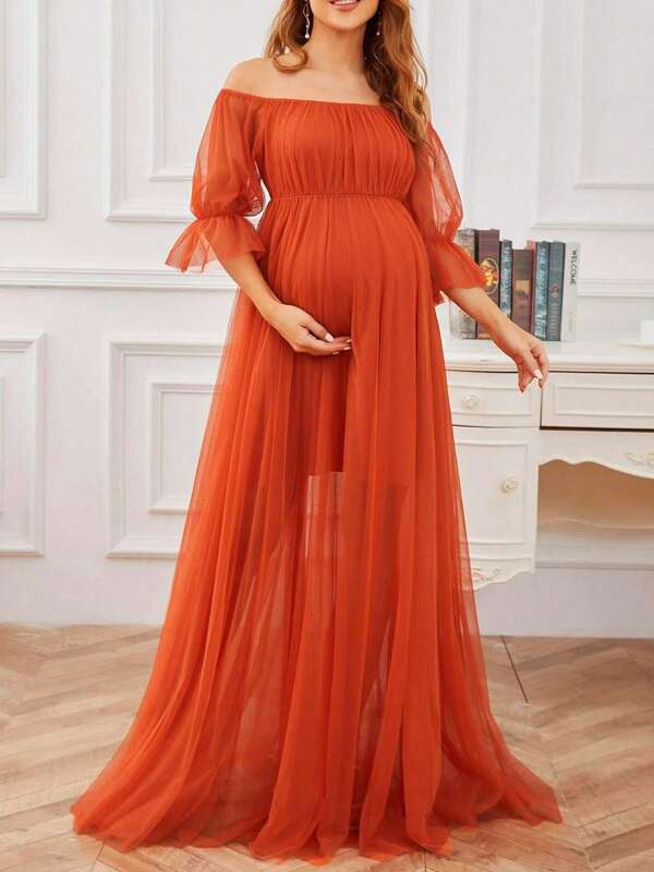 Women's Long Maternity Dress Off Shoulder Short Sleeve Tulle Gown Pregnancy Dress For Photoshoot
