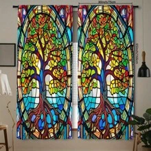 2 piezas de Cortinas semitransparentes de estilo gótico con diseño de árbol de la vida en vidrio decorativo de colores, tela de poliéster, adecuado para sala de estar, cocina, dormitorio, decoración del hogar