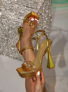 Women's High Heel Clear Transparent Rhinestone Party Sandals With Gold Platform, Fashionable Square Toe, Suitable For Going Out - Gold - View 1