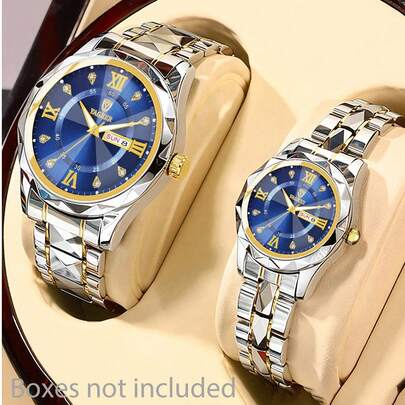 2pcs Stainless Steel Couple Watches, Alloy Strap & Dial, Dual Calendar Date Display, Rhinestone Quartz Wrist Watch, Valentine's Day Gift