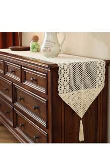 1pc American Country Style Handmade Lace Tassel Table Runner, Decorative For Kitchen, Wedding, Party, Living Room, Dresser