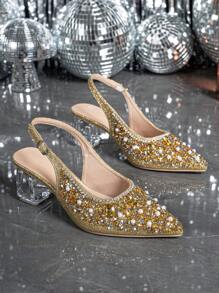 Women's Pointed Toe Crystal Heels Mary Janes Open Design Gold High Heels, Suitable For Outing, Party, Wedding Events