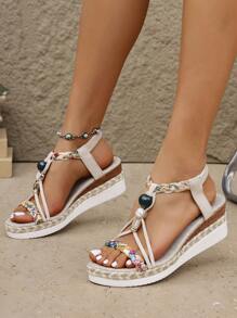 Women's Summer New Bohemian Style Resort Beaded Platform Wedge Sandals, Versatile,Travel Essential - Beige - View 1