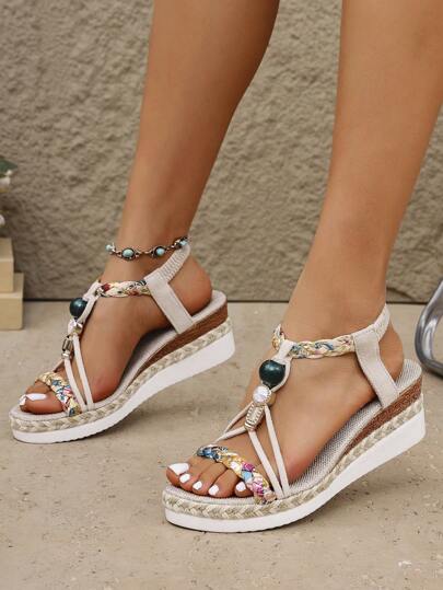 Women's Summer New Bohemian Style Resort Beaded Platform Wedge Sandals, Versatile