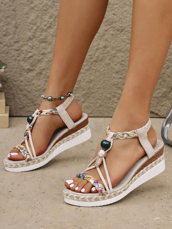 Nouvelles sandales à talon compensé de style bohème d'été pour femmes, avec perles. Polyvalentes