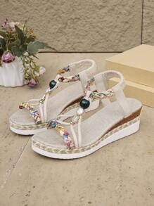 Women's Summer New Bohemian Style Resort Beaded Platform Wedge Sandals, Versatile,Travel Essential - Beige - View 7