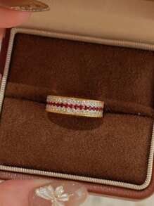 Stylever 1pc 925 Sterling Silver French Vintage High-Class Light Luxury Red Zirconia Ring For Women Daily Versatile Style Prom Party Decoration Fine Jewellery For Women As Gift - Gold - View 4